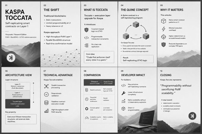 A grayscale presentation deck about 'Kaspa Toccata' - a self-replicating smart contract execution layer upgrade for Kaspa, detailing architecture, technical advantages, and developer impact.