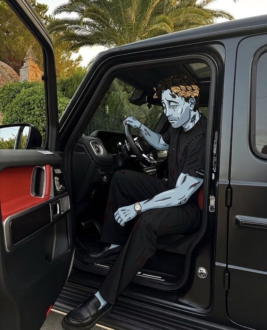 An illustration of a blue-skinned figure with a crown of thorns, dressed in a torn black shirt and pants, sitting in the driver's seat of a matte black SUV with the door open.