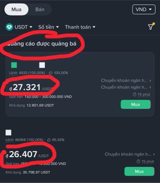 Vietnamese cryptocurrency exchange screenshot showing USDT to VND buy listings at 27,321 and 26,407 VND, with several values circled in red marker.