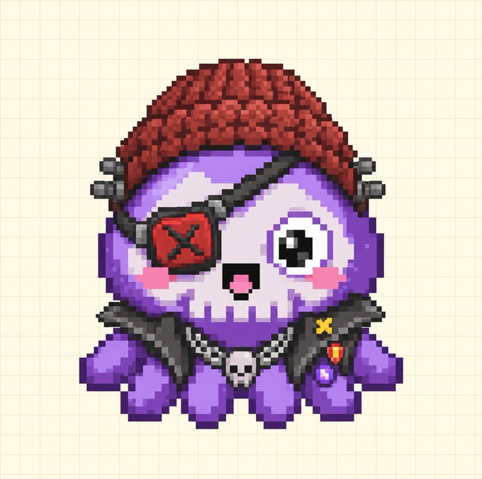 A pixel-art purple octopus character wearing a red beanie, an eyepatch, and a spiked collar with a skull charm.