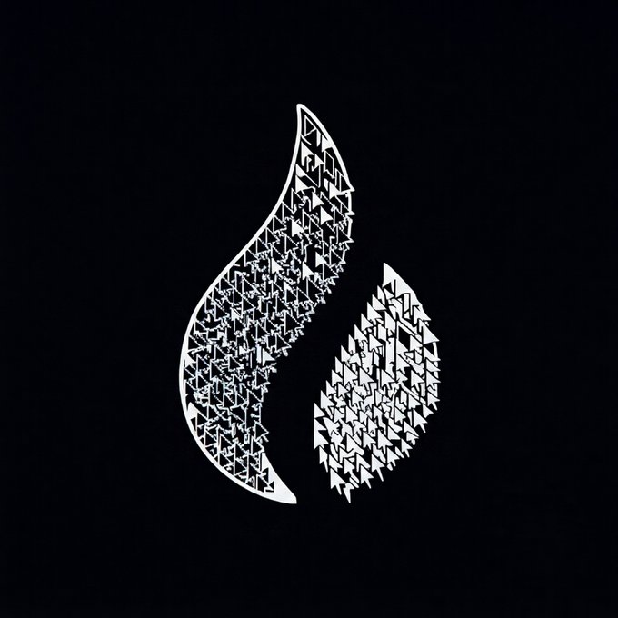 A stylized white flame icon composed of intricate geometric fragments floats against a solid black background, visually echoing the "clickmaxxing ∞" caption with its aggressive, pixelated shards suggesting infinite heat or a high-score burn.