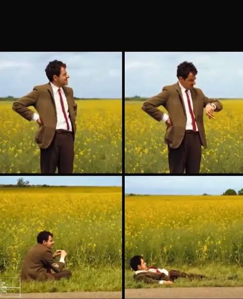 The image consists of four photos, each depicting a man dressed in a suit and tie standing or sitting in a field with yellow flowers. The first photo shows a man wearing a brown suit and white shirt standing in front of a yellow flower field. The second photo depicts another man wearing a brown suit and red tie also standing in the same field. The third photo features a man wearing a brown suit and white shirt lying down on the ground, surrounded by flowers. The fourth photo shows a man dressed in a brown suit and white shirt sitting in front of a yellow flower field.
