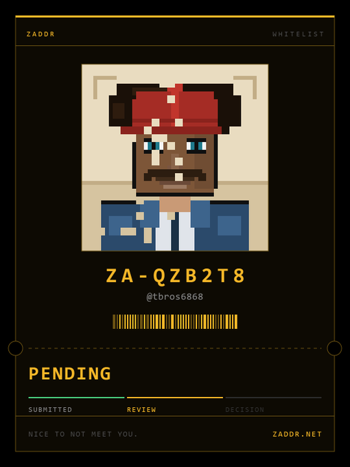 A pixel-art ID card for the "ZADDR" project shows a mustache in pixel art glasses and a red bandana, with the ID "ZA-QZB2T8" tied to @tbros6868, currently in "PENDING" review status on a "SUBMITTED → REVIEW → DECISION" progress bar at zaddr.net. The design reinforces the post's point: it highlights a person's identity and avatar rather than their wallet holdings, flipping the typical NFT collector flex into a privacy-focused, identity-first profile.
