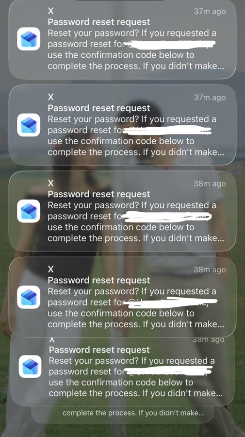 A screenshot showing multiple 'Password reset request' notifications from an app called X, stacked over a blurred background image of three people outdoors.