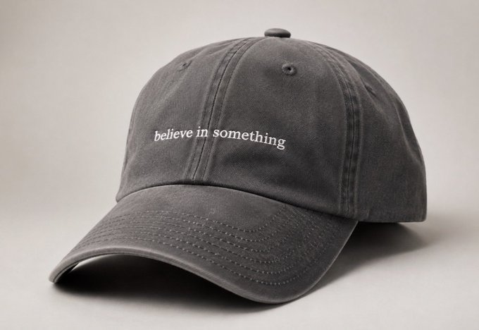 A faded gray baseball cap with the embroidered white text "believe in something" rests on a neutral surface, echoing the rallying-cry spirit behind the post's bullish $ETH call to action.