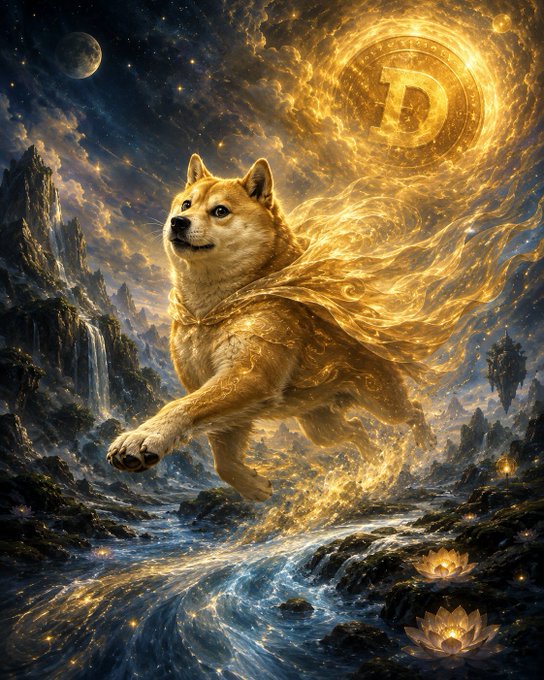 A majestic golden Shiba Inu leaps through a starry, magical landscape with flowing golden energy, a large Dogecoin (D) symbol glowing in the sky, lotus flowers, and a moonlit waterfall.