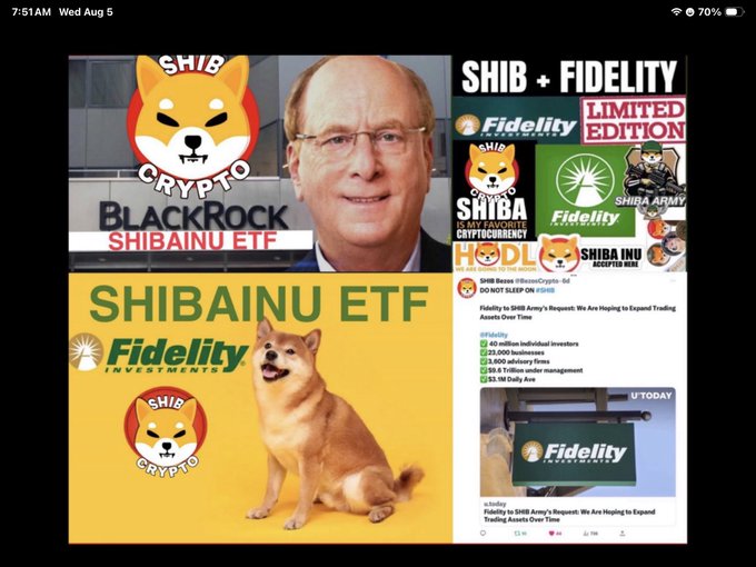A collage promoting a Shiba Inu (SHIB) ETF partnership between BlackRock and Fidelity Investments, featuring the SHIB Crypto Shiba Inu logo, a portrait of a man in glasses, and headlines including "SHIBAINU ETF," "SHIB + FIDELITY LIMITED EDITION," and a Fidelity news ticker reporting 40 million individual investors and 23,000 businesses. The image directly supports the post's claim about a potential Shiba Inu ETF opening institutional money floodgates to $SHIB.