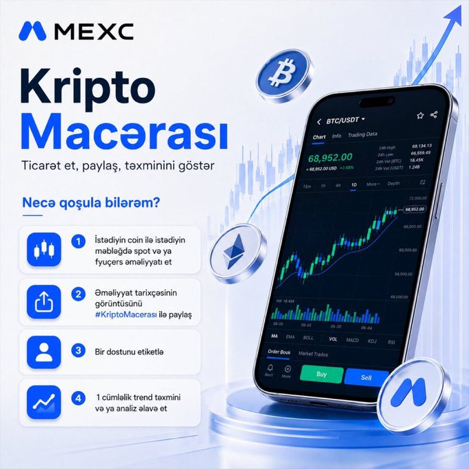 MEXC cryptocurrency exchange promotional graphic titled "Kripto Macərası" (Crypto Hunt) in Azerbaijani, featuring a smartphone displaying the BTC/USDT trading chart at $68,952.00 alongside instructions for joining a giveaway that awards 5 lucky winners 10 USDT each through spot/futures trading, sharing transaction screenshots with #KriptoMacerası, tagging friends, and adding trend predictions.