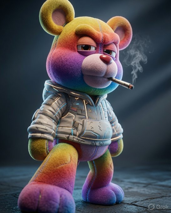 A 3D rendered image of a colorful rainbow-furred teddy bear character smoking a cigarette and wearing a futuristic silver armored vest, marked with "Grok" in the corner.