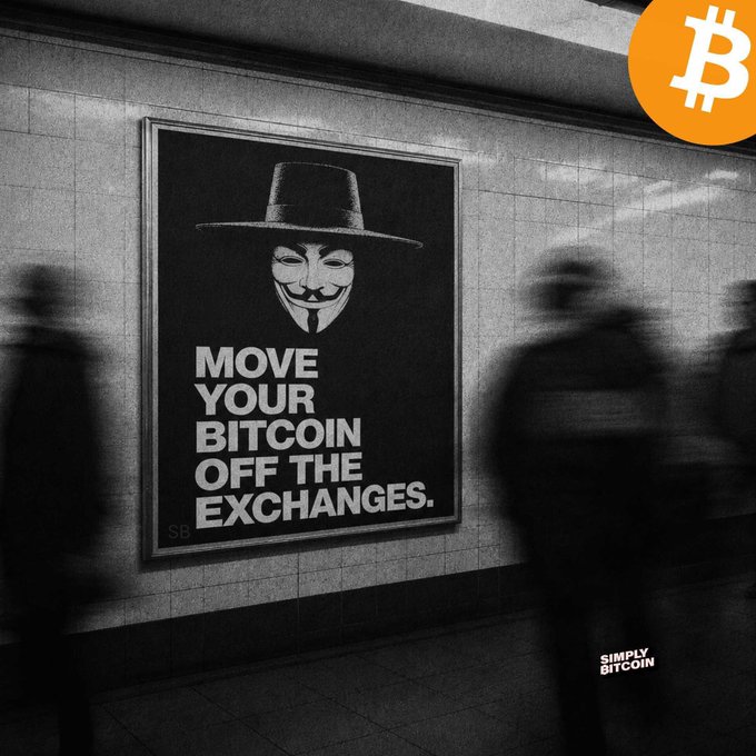 A black-and-white subway scene features a poster with a Guy Fawkes mask reading 'MOVE YOUR BITCOIN OFF THE EXCHANGES,' accompanied by an orange Bitcoin logo in the corner and 'SIMPLY BITCOIN' branding.