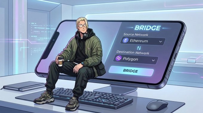 An anime-style illustration features a blonde young man sitting on a smartphone screen, holding a coffee cup, with a cryptocurrency 'BRIDGE' interface visible showing source network 'Ethereum' and destination network 'Polygon'.