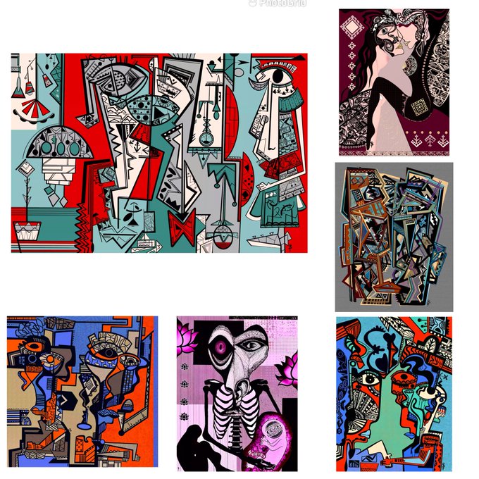 An identical repeat of the previous collage, showing six abstract, cubist-style artworks with bold colors and geometric shapes.