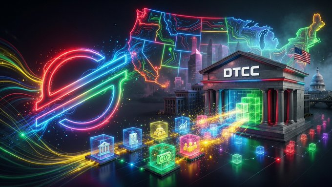 A vibrant neon-lit illustration showcases the Stellar blockchain emblem alongside the U.S. map and a "DTCC" building, with glowing tokenized cubes symbolizing on-chain settlement—visually echoing the announcement of DTCC's selection of Stellar to power regulated tokenization and digital asset infrastructure in U.S. financial markets.