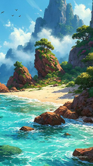 A digital illustration of a tropical coastal landscape featuring turquoise water lapping against sandy shores and rocky outcrops, with lush green trees and towering, mist-covered mountain peaks in the background.