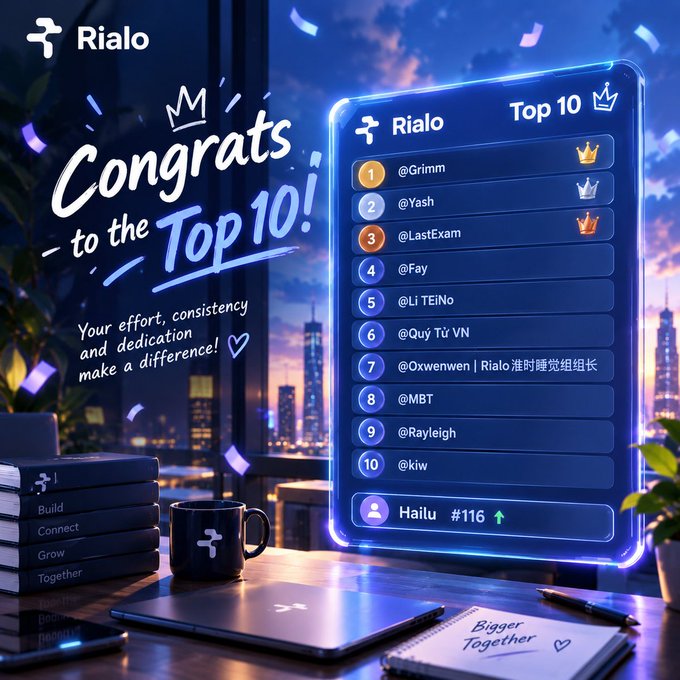 Rialo promotional image congratulating the Top 10 leaderboard winners (@Grimm, @Yash, @LastExam, etc.), with the user 'Hailu' ranked #116, displayed on a holographic screen against a cityscape background.