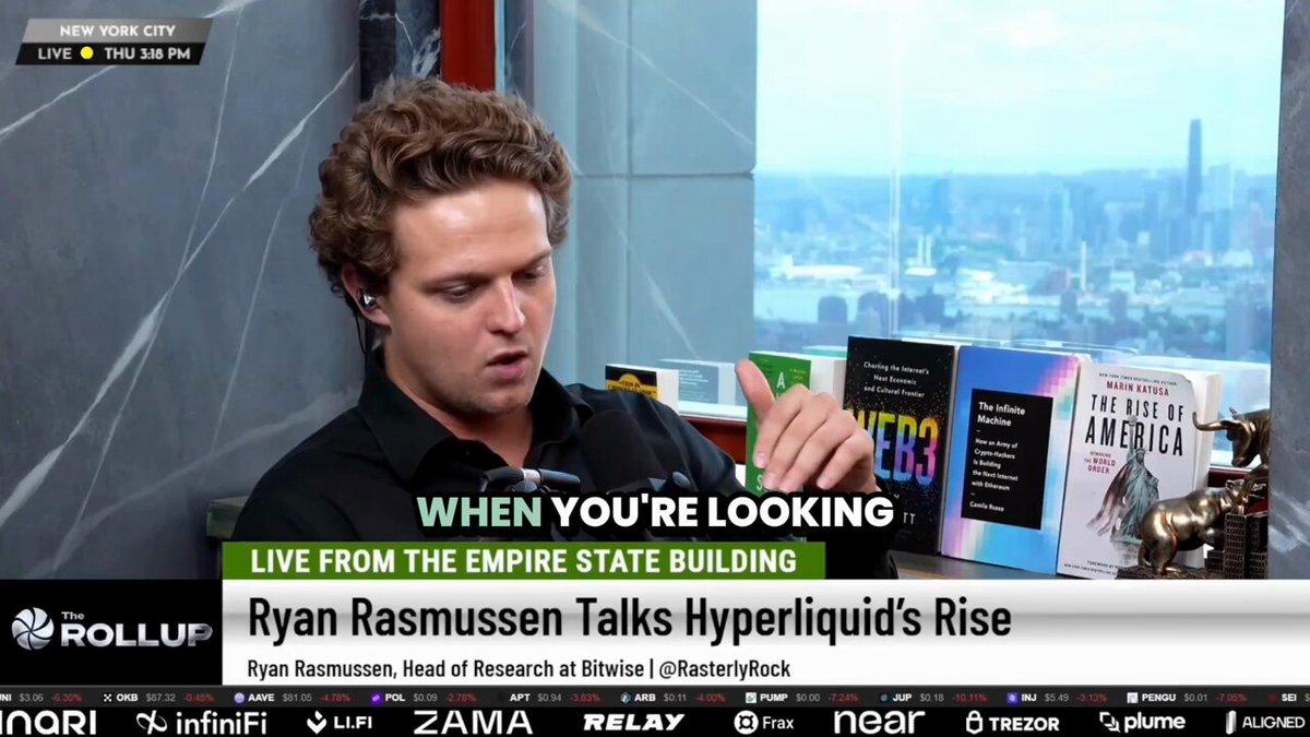 The image shows a man sitting at a desk with several books around him, including one titled "When You're Looking Live from The Empire State Building". The man appears to be reading or studying these books while wearing headphones. In the background of the image, there is a window that offers a view of the city skyline. The caption for the image reads: "Focus on what is in the image and how it relates to the post."
