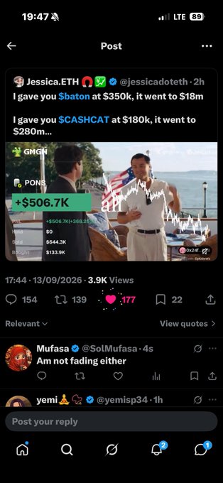 A screenshot of an X post from Jessica.ETH (@jessicadoteth) about $baton going from $350k to $18m, featuring a GMGN PONS token chart up +$506.7K.