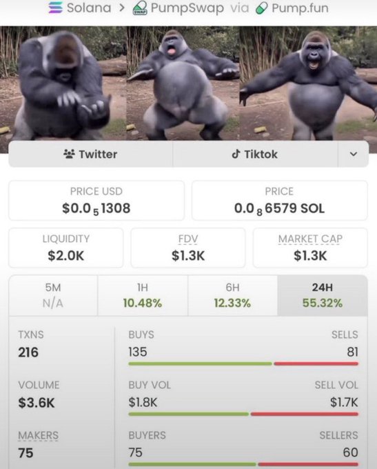 A meme token page featuring three images of a gorilla, displayed on Solana/PumpSwap via Pump.fun with price $0.000001308 (0.00000086579 SOL), $2.0K liquidity, $1.3K market cap, and 216 total transactions.