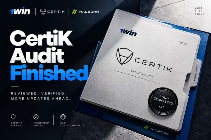 A promotional graphic featuring a silver folder branded with "1win," "CERTIK," and "Security Audit" labels alongside an "Audit Completed" badge, with bold text announcing "Certik Audit Finished" and emphasizing security, transparency, and community-focused reviews. The visual reinforces the post's claim of a successful security audit by showcasing the CertiK folder and badges for both CertiK and Halborn audits.