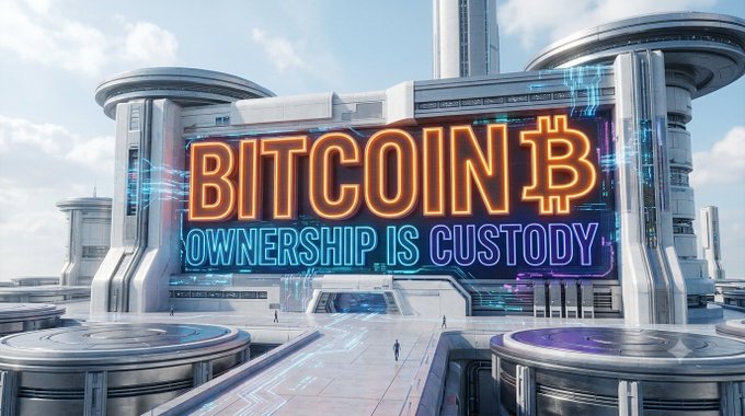 A futuristic sci-fi image showing a massive illuminated billboard on a sleek metallic building displaying the text 'BITCOIN ₿ OWNERSHIP IS CUSTODY' in glowing orange and blue neon lettering.