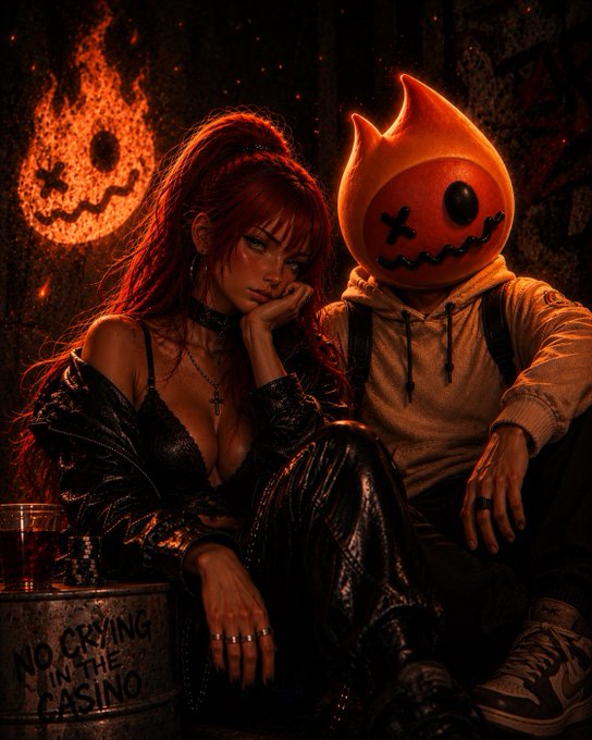 A stylized digital artwork showing a red-haired woman in black sitting beside a figure wearing a smiling flame-shaped mask, with a flaming skull symbol in the background and a barrel reading 'NO CRYING IN THE CASINO'.