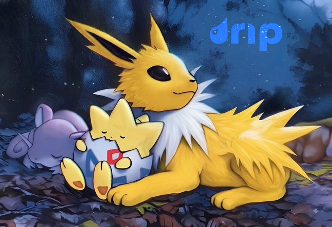 A fan art illustration of Pokémon Jolteon sleeping peacefully alongside Togepi and a Cleffa in a dark forest setting, with the word 'drip' written in blue in the upper right.