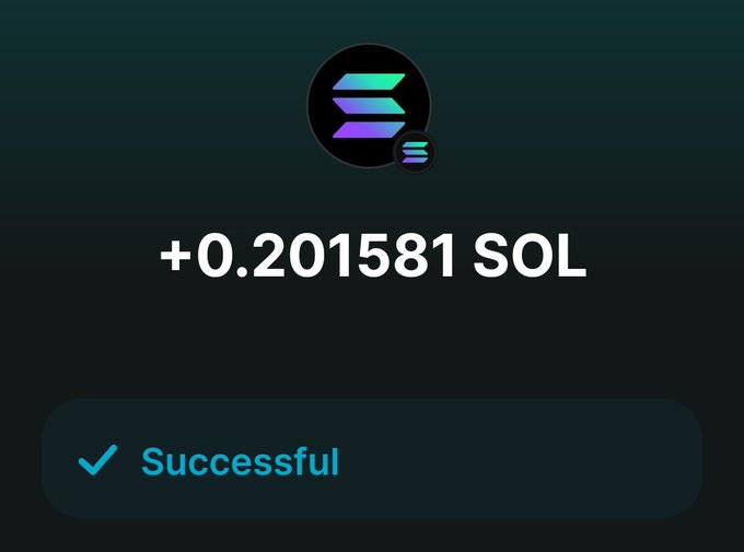 A digital transaction confirmation screen showing a successful payment of +0.201581 SOL on the Solana blockchain, indicated by the logo and a checkmark with 'Successful' text.