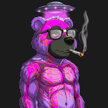 An illustration of a purple fluffy bear smoking a cigar and wearing glasses, with a UFO hovering above its head against a black background.