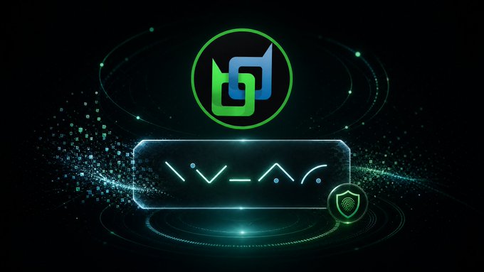A digital graphic displaying a green circular logo above a rectangular frame containing the text '-V-A-C-' with abstract particle effects on a dark background.