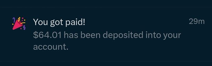 A notification from X (formerly Twitter) shows "$64.01 has been deposited into your account" with a celebratory party popper emoji, indicating a small payment from the platform's creator revenue share program, likely tied to the user's return to posting.