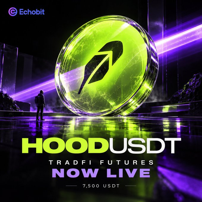 A promotional advertisement for Echobit featuring a large green glowing coin with a rocket icon, displaying the text "HOODUSDT TRADFI FUTURES NOW LIVE - 7,500 USDT" against a futuristic purple-lit landscape.