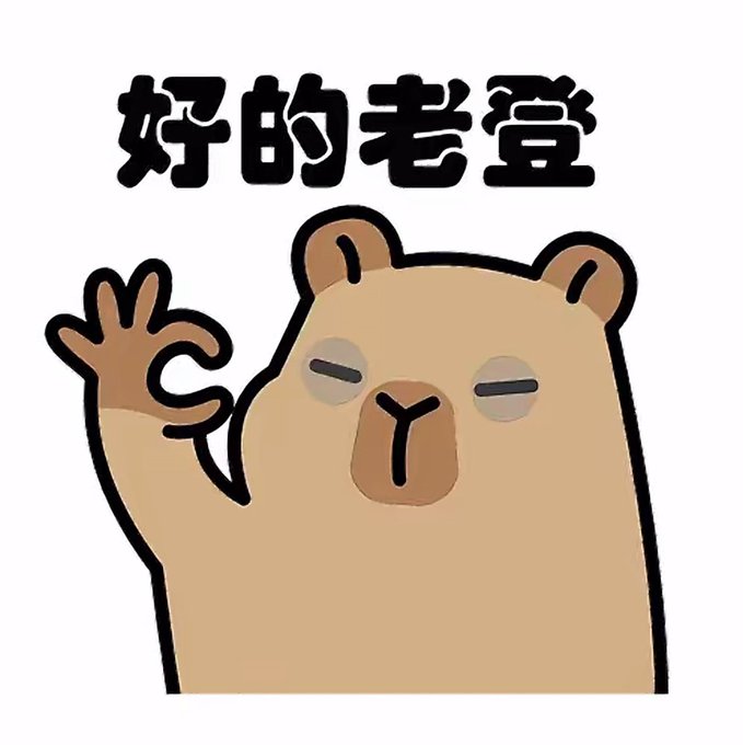 A cartoon illustration of a capybara waving with a relaxed expression, accompanied by the Chinese text '好的老登' (OK, old man).