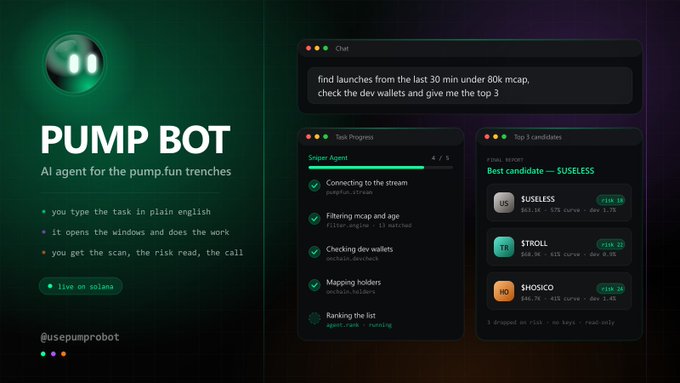 A promotional graphic for "PUMP BOT," an AI agent for pump.fun trenches, showing task progress and the top 3 candidates: $SUSELESS, $TROLL, and $HOSCO.