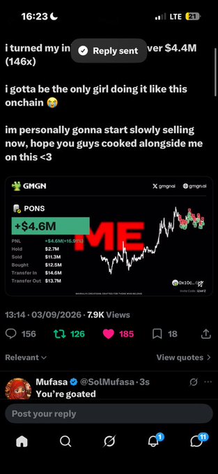 A screenshot of an X (Twitter) post showing crypto trading gains of '+4.6M' with PNL, Sold, and Bought figures, where the user mentions selling and a reply says 'You're goated'.