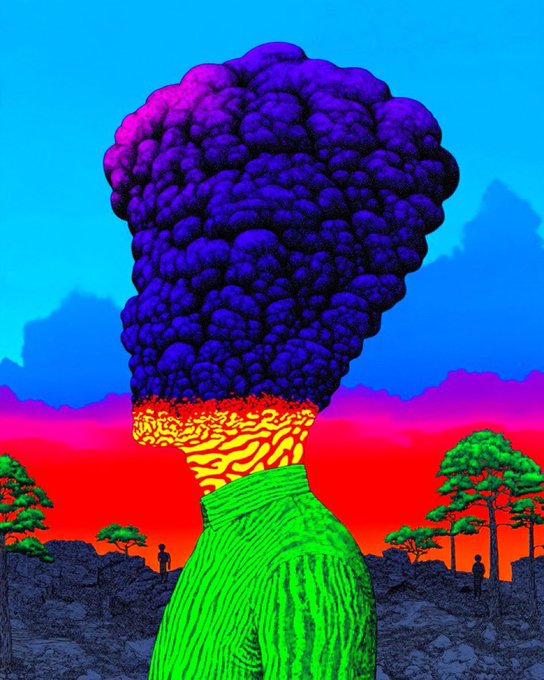A vibrant, psychedelic illustration shows a towering green figure with a swirling yellow and red patterned neck emitting a massive purple cloud-like plume into a bright blue sky, while two tiny human silhouettes stand on a rocky terrain nearby with green trees dotting the landscape. The surreal, mind-bending artwork perfectly matches the cheerful, meme-like vibe of the "gm frens happy tacos tuesday" greeting, embodying the crypto community's playful and absurdist humor.