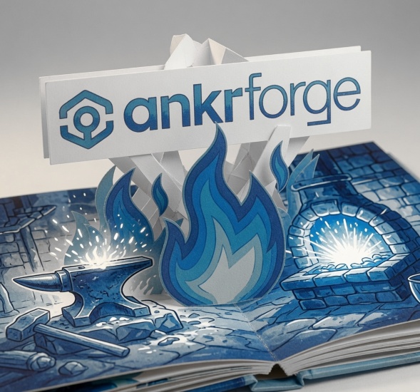 The image showcases a pop-up book revealing the "ankrforge" logo emerging from illustrated flames and a blacksmith's forge scene with an anvil. This visually represents the forging process central to the Ankr Forge platform announcement, where $ANKR holders can expect the first rewards drops powered by real revenue and partner campaigns.