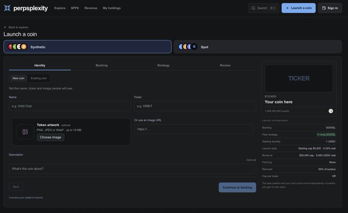 Screenshot of the perpsplexity platform showing a 'Launch a coin' interface for creating a Synthetic token called 'CRB Club' (ticker CRBT), with a funding cap of 1,000,000,000 supply.