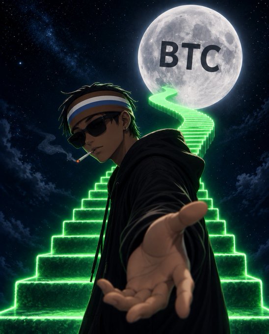An anime-style illustration of a man with dreadlocks and sunglasses smoking a cigarette, standing before glowing green stairs that lead up to a full moon labeled "BTC."
