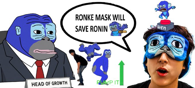 A meme illustration features a blue ape character labeled 'HEAD OF GROWTH,' with a speech bubble stating 'RONKE MASK WILL SAVE RONIN,' pointing toward a real photo of a person wearing a blue ape mask.