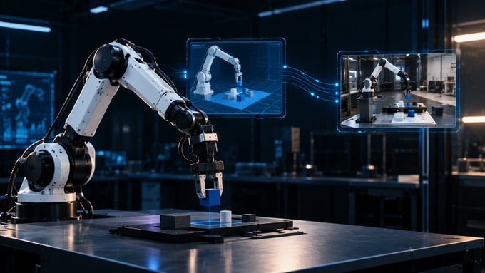 A robotic arm works on an assembly line in a dark industrial setting, with floating holographic displays showing its movements.