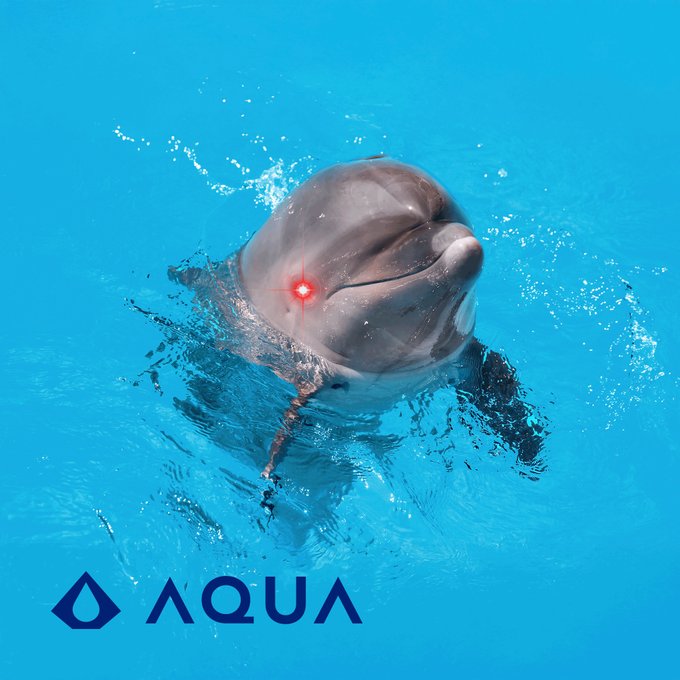 A dolphin peeks above bright turquoise water with a red laser-like glow on its forehead, below the AQUA logo and brand name, symbolizing the AQUA Wallet app's playful aquatic theme.