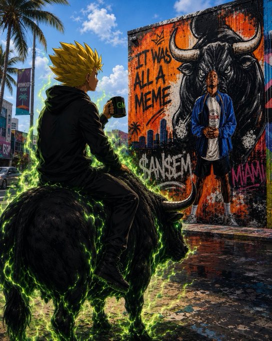 An anime-style illustration of a spiky-haired blonde character in black riding a dark bull surrounded by green energy, holding a mug, while facing another character in a blue jacket against a graffiti wall reading 'IT WAS ALL A MEME' and '$ANSEEM' with 'MIAMI' tagged nearby.