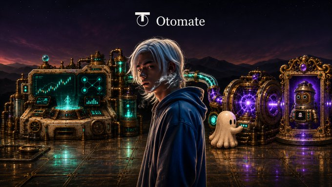 A digital artwork showing a white-haired character in a blue hoodie standing before elaborate steampunk machinery, with the logo 'Otomate' displayed at the top and a small ghost-like creature nearby.
