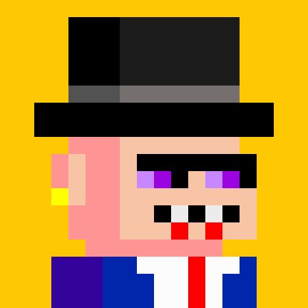 A pixel art portrait of a character wearing a black top hat and a blue suit with a red tie, set against a solid yellow background.