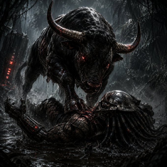 A menacing black bull with glowing red eyes stands triumphantly over a fallen armored figure in a dark, misty forest. The image's fierce, relentless bull and fallen opponent evoke the post's themes of unwavering conviction and "diamond hands," symbolizing the crypto holder's commitment to $ANSEM despite market bloodshed.