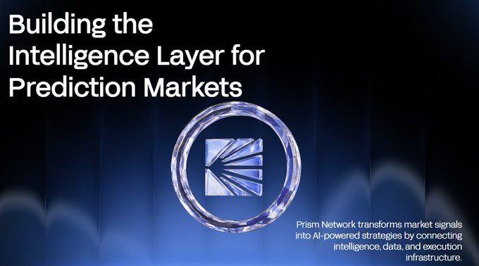 The image features a promotional graphic with the headline "Building the Intelligence Layer for Prediction Markets," displaying a crystalline 3D logo at the center against a dark blue background. The accompanying text reads, "Prism Network transforms market signals into AI-powered strategies by connecting intelligence, data, and execution infrastructure."

This visual ties directly to the post's theme about information overload in trading—positioning Prism Network as a solution that cuts through the noise of news, sentiment, and prediction market data by offering an integrated intelligence layer rather than just another data source.