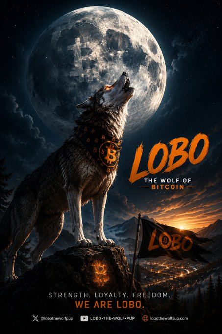 A promotional poster for 'LOBO: THE WOLF OF BITCOIN' featuring a howling wolf on a rock beneath a large moon containing a Bitcoin symbol, with the tagline 'STRENGTH. LOALTY. FREEDOM. WE ARE LOBO.' and social media handles @lobothewolfpup.