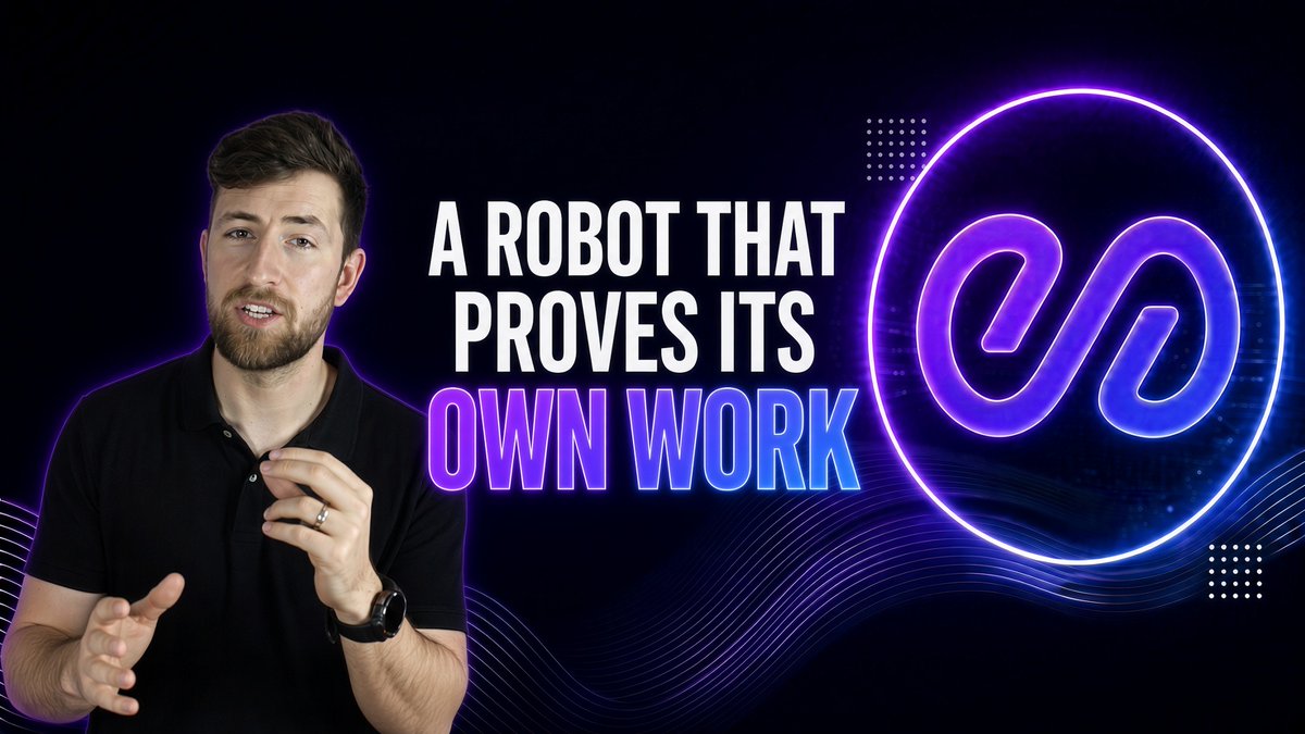 A man in a black polo shirt gestures while speaking in front of a purple neon backdrop featuring the text "A ROBOT THAT PROVES ITS OWN WORK" alongside the peaq logo. The image serves as a thumbnail for content about the $PEAQ hackathon with Doosan Robotics, visually introducing the challenge of planning, executing, and proving each step of work on the peaq network.