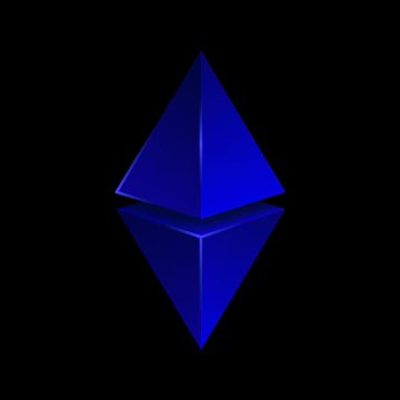 The blue Ethereum logo appears as a geometric diamond shape on a black background.