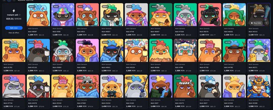 A cryptocurrency NFT marketplace displaying a grid of colorful cartoon 'Moki Genesis' character avatars for sale, with prices ranging from 1.10K to 1.50K RON.